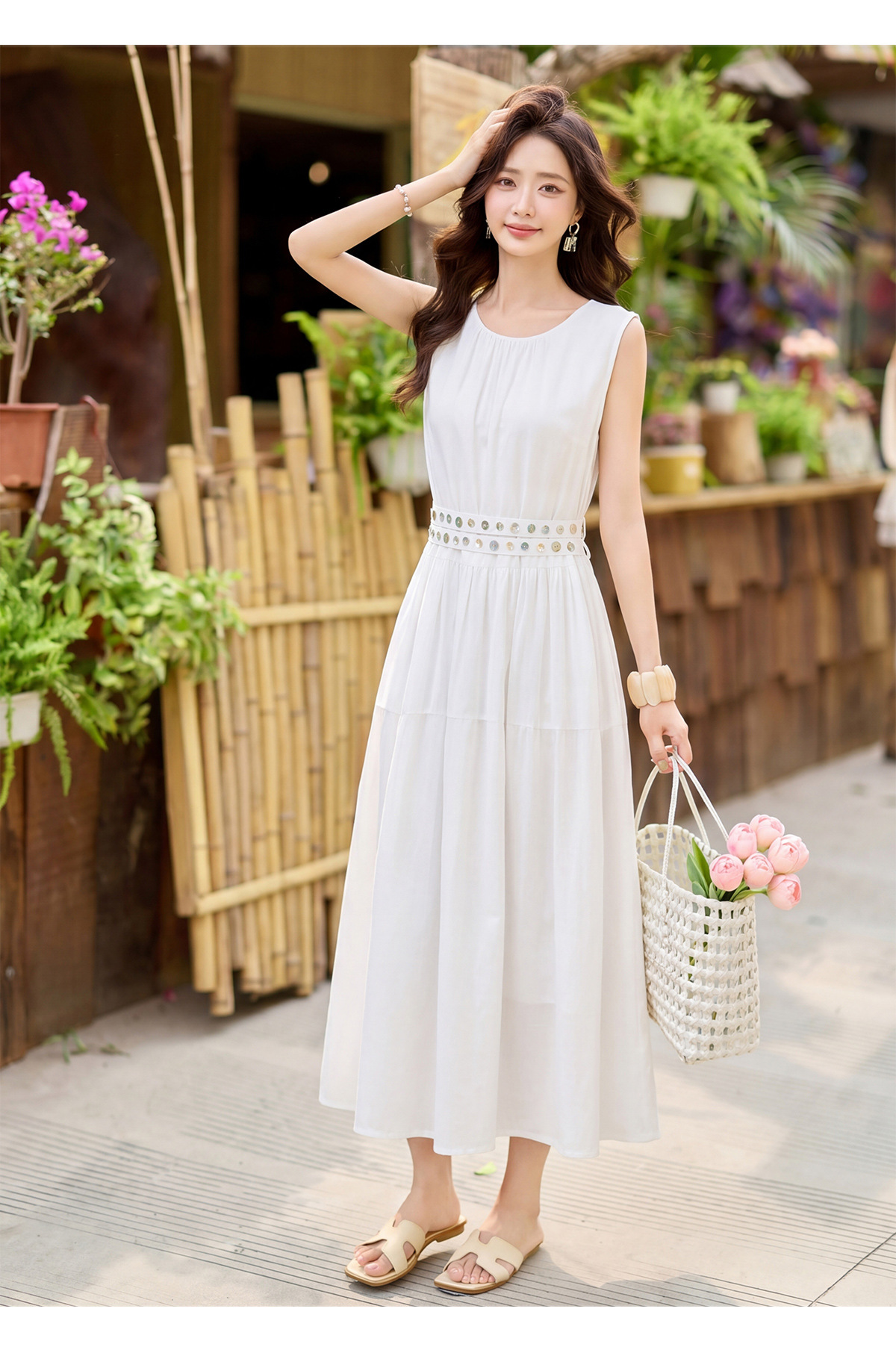 Đầm suông nữ midi không tay dáng rộng dài quá gối MJ5611 — màu trắng, xanh lá cây, màu vàng chi tiết 18