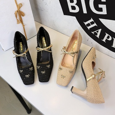 8293-11 French style fashionable woven fabric women's shoes square toe shallow mouth bow buckle strap thick single 