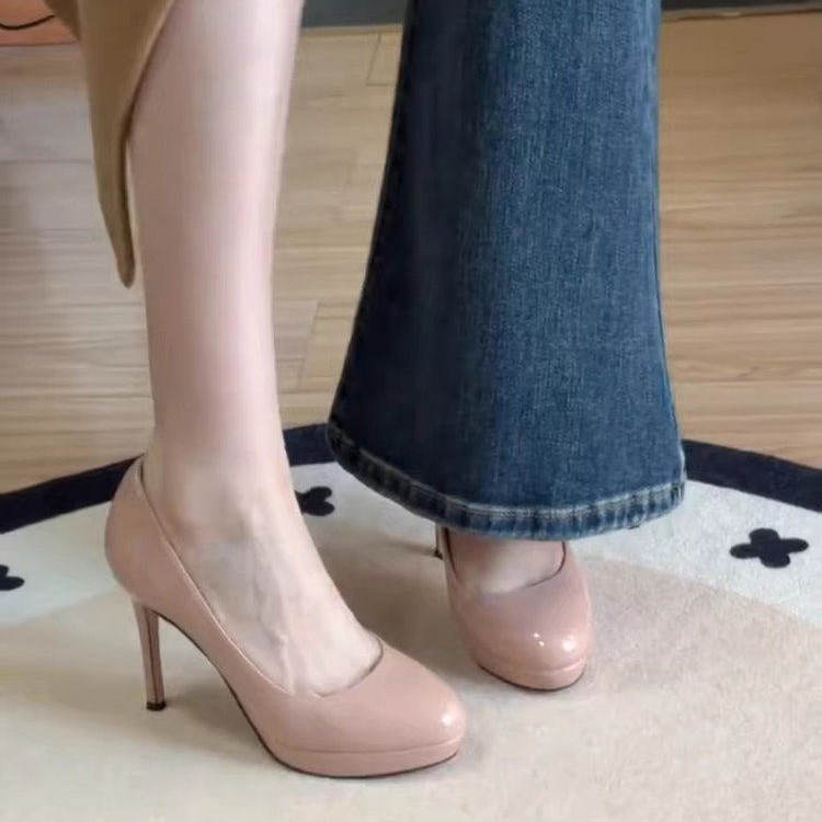 Nude Waterproof Platform High-Heeled Shoes for Women 2026 New Model Nude 10cm Patent Leather Ceremonial Stiletto Round-Toe Comfortable Single Shoes