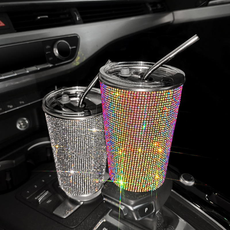 Bling flash rhinestone pegado diamante 550ml taza de bebida incrustada en el diamante taza de café de paja de acero inoxidable recta adelgazamiento