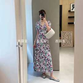 金辉夏季真丝双绉粉绿花领压折袖连衣裙