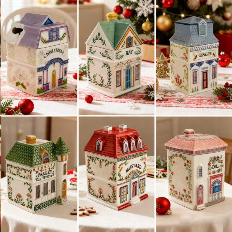 新品创意陶瓷密封罐厨房用品收纳罐咖啡粉罐装可爱房子造型香料罐