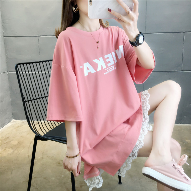 2025 Summer New Korean Style Lace Splicing Short-Sleeved T-Shirt Women's Summer Loose Mid-Length Letter Dress Mid-Skirt