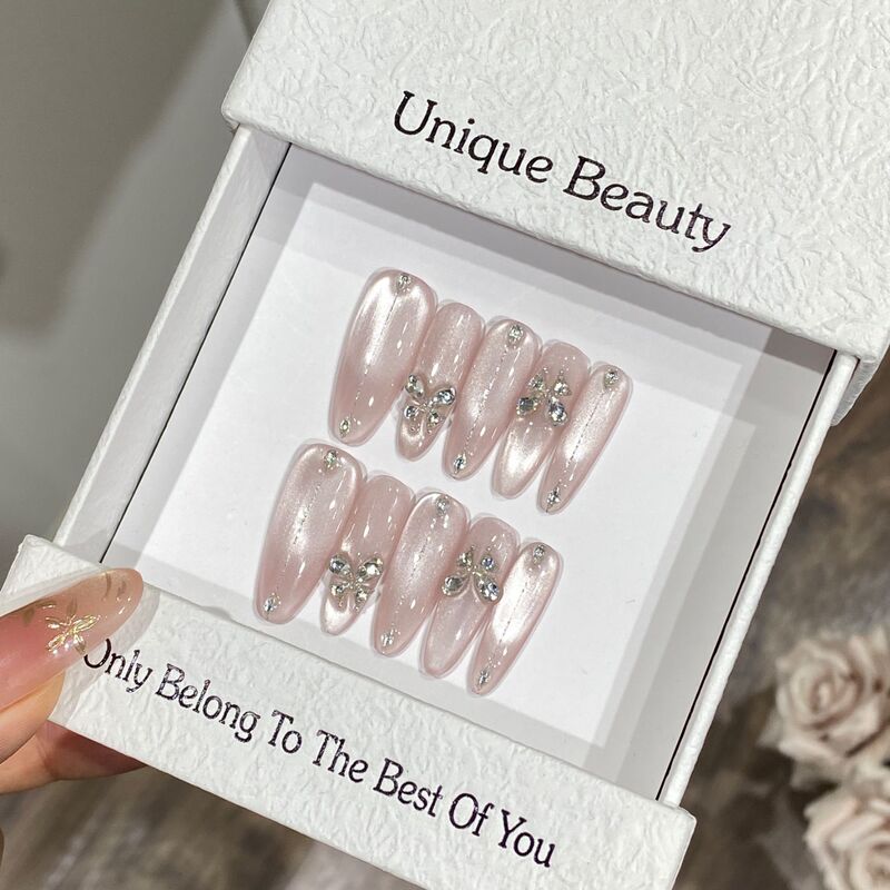 Aomian Pure Hand-worn Armor Flash Zircon Butterfly Anti-French Cat's Eye Long Oval Flash Shrimp Line Nail Art