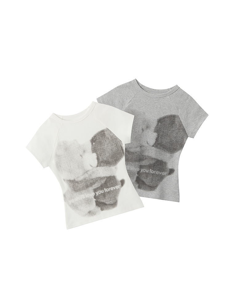 HeyHenry アメリカン右肩クマプリントスリム半袖 Tシャツ女性のための 2025 新しいラウンドネックホットガールショートトップ
