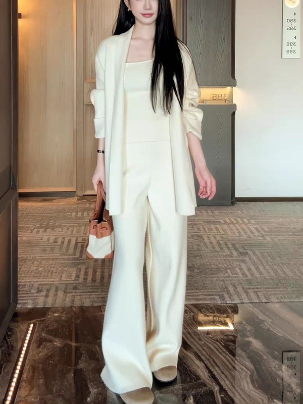 法式休闲风针织套装女秋冬简约毛衣外套高腰阔腿裤背心三件套1342|undefined