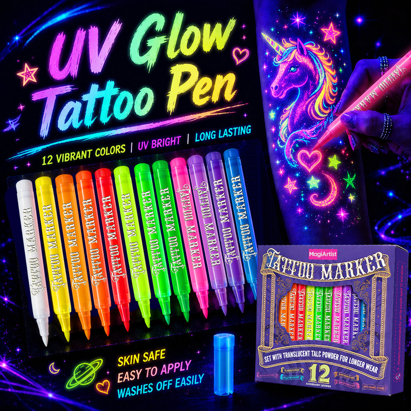 Uv Fluorescent Tattoo Pen, Luminous Body Painting Pen, Glowing Pen for Parties and Festivals, Skin Graffiti, Washable Fluorescent Pen Uv Fluorescent Tattoo Pen, Luminous Body Painting Pen, Glowing Pen for Parties and Festivals, Skin Graffiti, Washable Fluorescent Pen