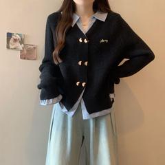 大码2025秋新款polo领假两件拼接针织衫宽松刺绣开衫毛衣外套女