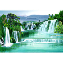 自然瀑布国画流水生财山水风景画装饰背景墙贴客厅新中式沙发中堂