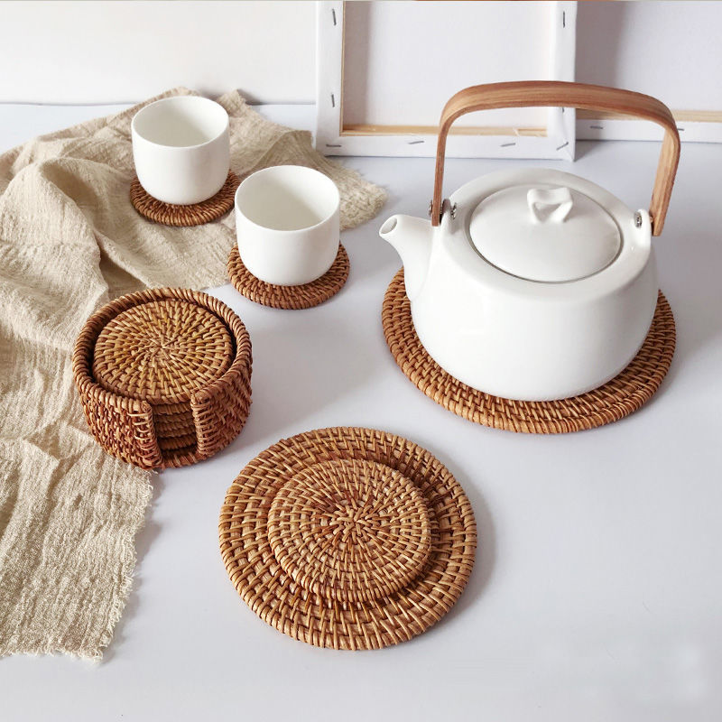 Cojín de té de ratán hecho a mano de Vietnam, tapete de tazón de aislamiento, mesa de comedor para el hogar, tapete de olla resistente a altas temperaturas y a prueba de escaldaduras, posavasos, simplicidad