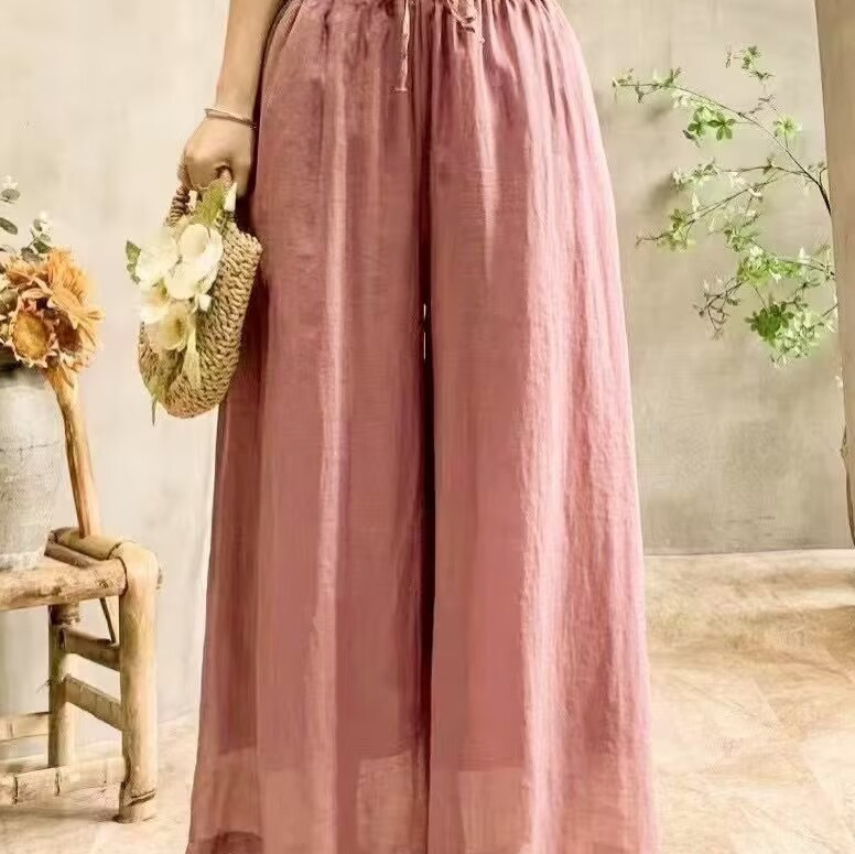 2025 summer new elastic lace-up waist plus size slim casual pants stitching ramie solid color wide leg pants women's K-22