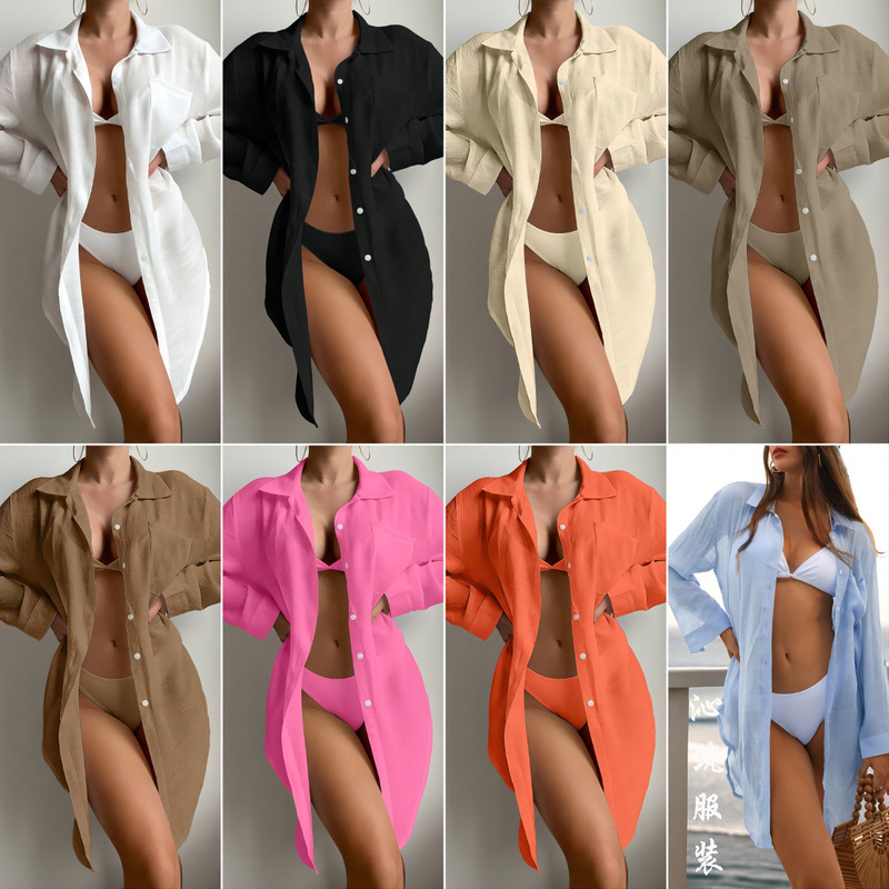 Foreign Trade New Beach Blouse Bamboo Cotton Shirt Sunscreen Jacket Bikini Outer Cardigan Blouse 2025