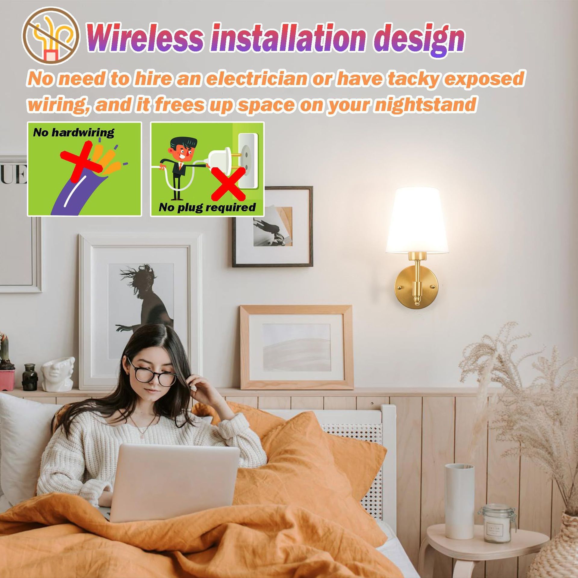 Luz de pared sin cableado transfronteriza americana dormitorio cabecera de cama luz de atmósfera decoración de sala de estar cubierta de lienzo recargable lámpara de pared atenuable