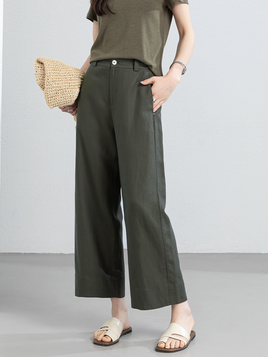 Quần culottes nữ ống rộng phong cách tối giản chất liệu lanh pha sợi thiên ti mỏng nhẹ dáng suông dài 9 phân — Chín điểm - 86193-1 Trắng