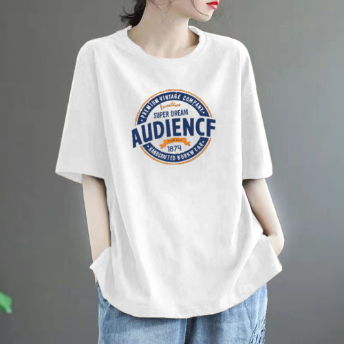 2025 Summer 100% Cotton Women's Loose Plus Size Slimming Fashion Medium Length Crew Neck T-shirt