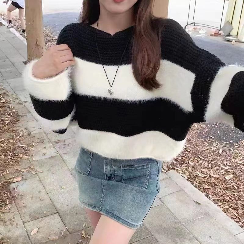 毛衣女复古宽松针织衫秋季感女装撞色拼接新款设计仿貂毛软糯条纹|undefined