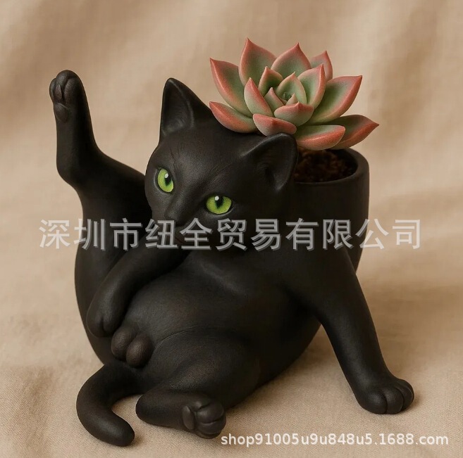 跨境新品Fun Grooming Cat Planter 趣味猫咪美容花盆 桌面摆件|undefined