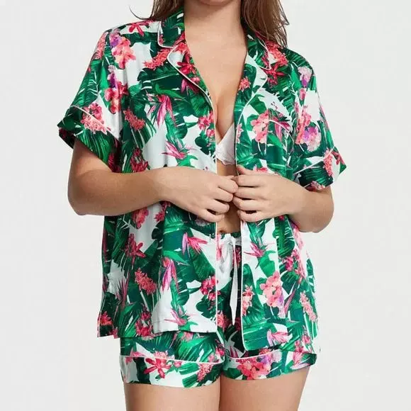 亚马逊跨境印花睡衣春夏短袖套装维多植物花卉女士家居服休闲凉感