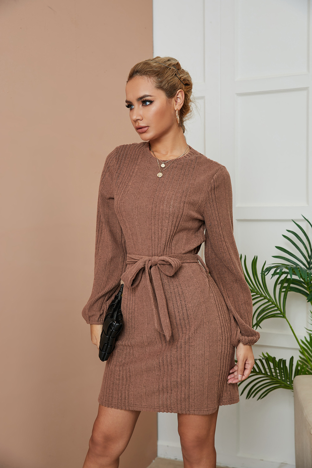 Round Neck Long Sleeve Belt Solid Color Dress NSBJL116515