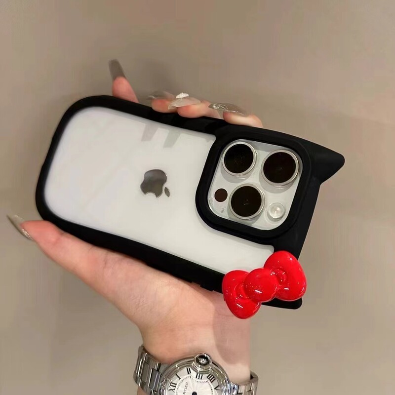For Apple 16 Pro Max Phone Case Ins Cat Ears Red Bow iPhone14 Full Cover 15 Women