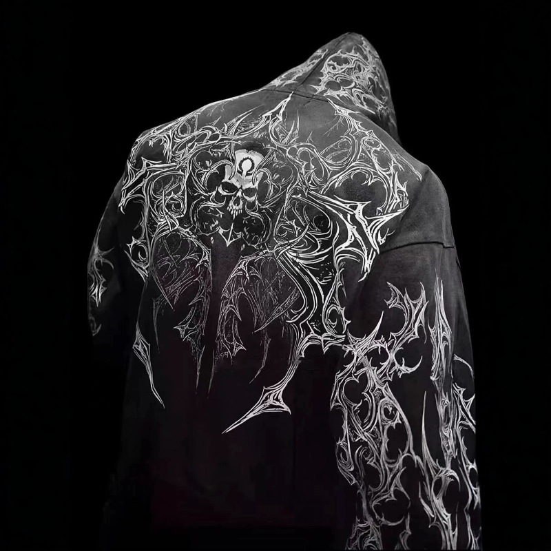 Breathedivinity American Trendy Brand Zip-Up Sweatshirt Autumn and Winter Dark Style Skull Print Hooded Cardigan Breathedivinity American Trendy Brand Zip-Up Sweatshirt Autumn and Winter Dark Style Skull Print Hooded Cardigan