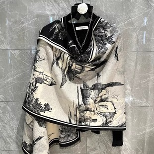 French Style Soft Warm Scarf Women's Winter Outer Shawl Scarf 2024 New Castle Ink Collection