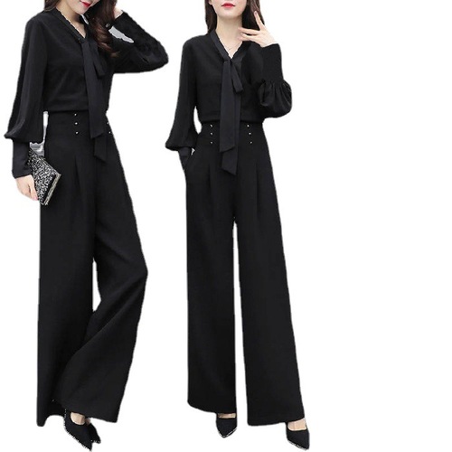 Wide-leg pants leisure set for women, 2025 new fashion Korean style loose long-sleeved two-piece set, draping relaxed street style