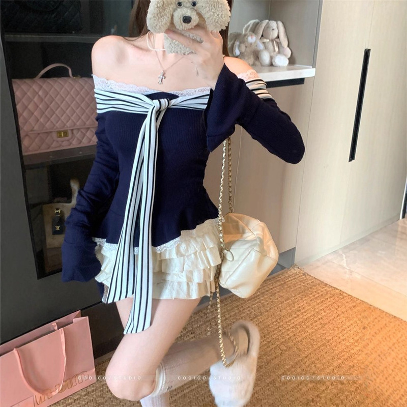 Threaded Velvet Pure Lust Style Lace Splicing Strap Knitted Top for Women Autumn and Winter Long-Sleeved Slimming Look Versatile Bottoming