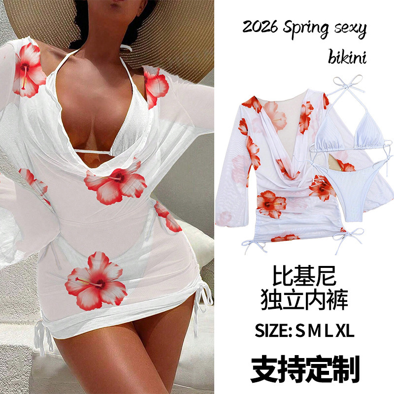 2026 European and American Cross-Border Amazon Beach Three-Piece Swimsuit Long-Sleeved Cover-Up Bikini Split Sexy Swimsuit for Women