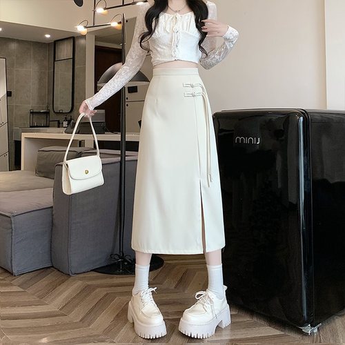 New Chinese style national style skirt for women spring 2024 new black plate buckle high waist slimming A-line slit hip skirt