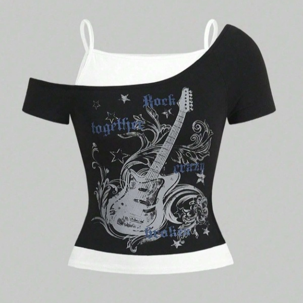 Cross-Border Ins Trendy European and American Cross-Border Summer New Fashion Print Gothic Pattern Women's Short-Sleeved T-Shirt Suit