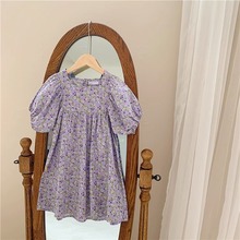 女童连衣裙2021夏装韩版新款儿童紫色方领碎花洋气宝宝公主裙子潮