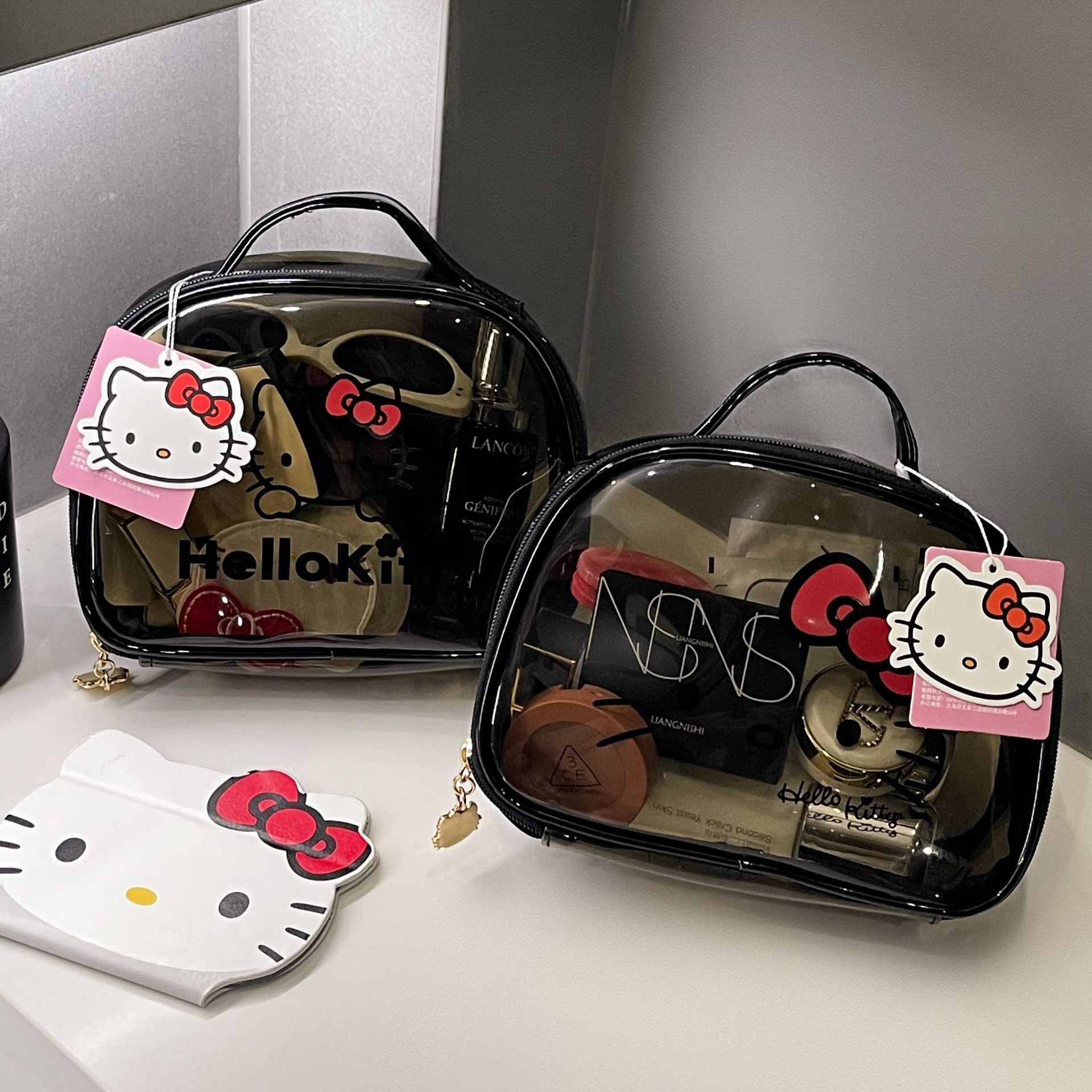 Bonita Hello Kitty Kitty bolsa de maquillaje portátil impermeable de gran capacidad para mujeres bolsa de higiene portátil bolsa de almacenamiento