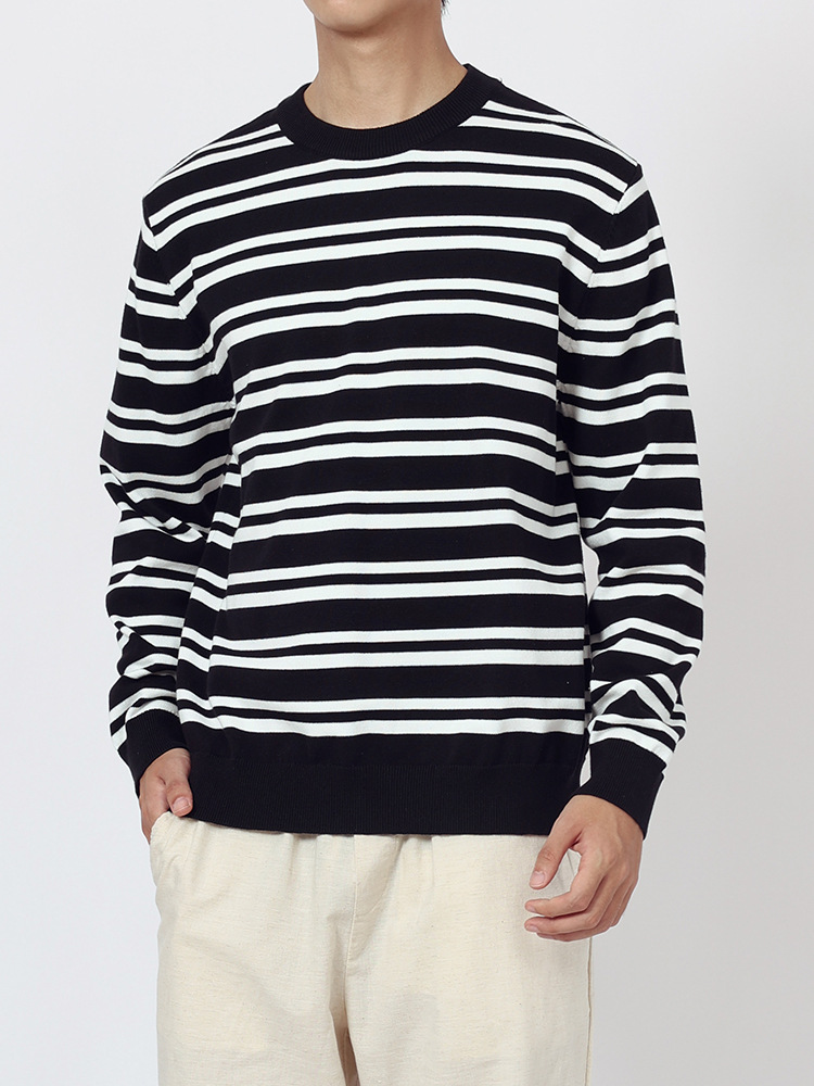 Otoño y invierno viejos suéter de alta gama de estilo de hombre casual versátil de manga larga camiseta a rayas de color contrastante camiseta de punto para hombre
