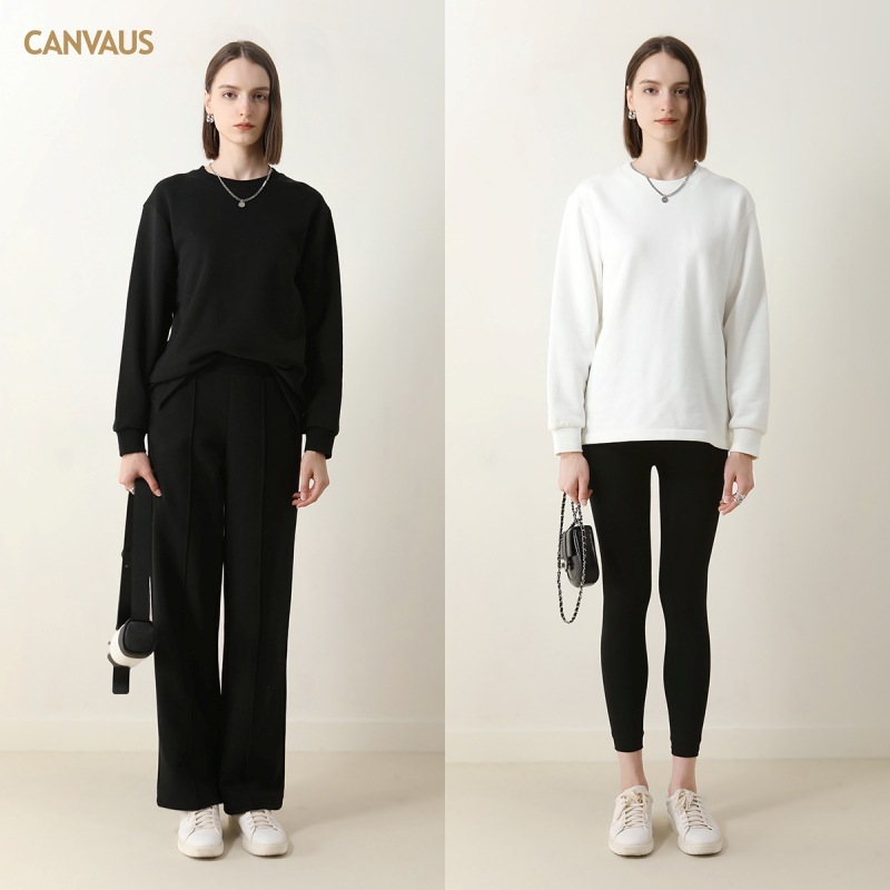 CANVAUS Otoño e Invierno suéter recto forrado de lana de las Mujeres Nuevo cuello redondo casual manga larga color sólido pullover Coat