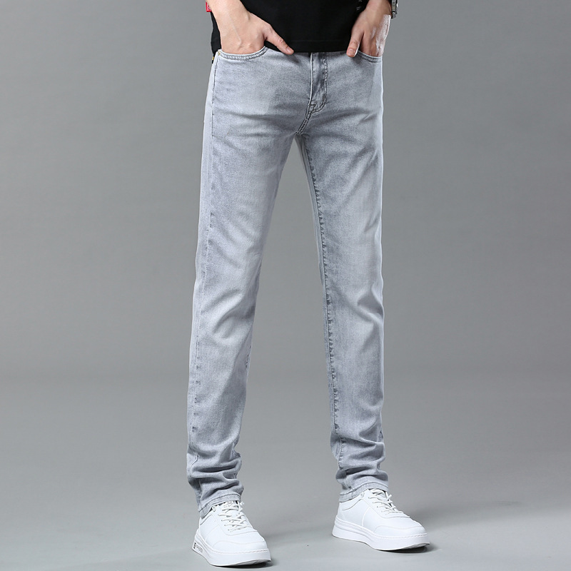 Men's Embroidered Jeans Slim Fit Stretch Denim Trousers, Smoke Grey Vintage Straight Leg Pants For Spring_viptrois.com