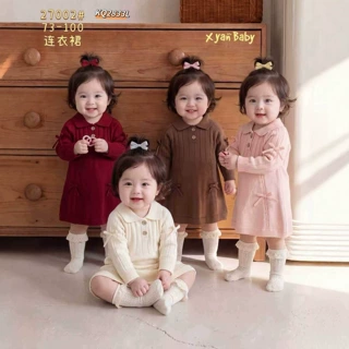 2026秋冬季新款女童童装百搭幼婴儿连衣裙绑带蝴蝶结纯色长袖裙子