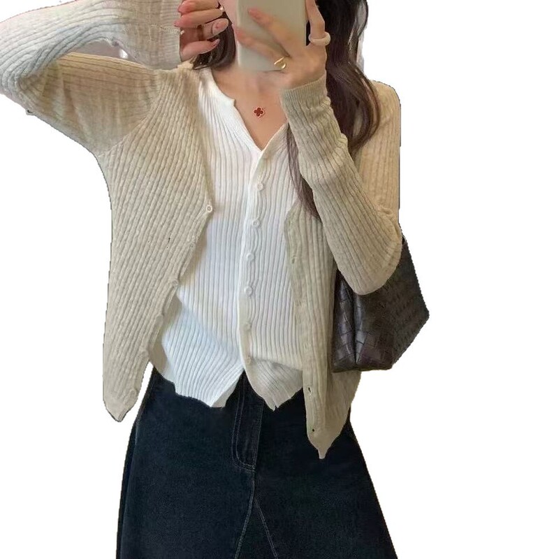 高级感撞色V领假两件针织开衫女秋季超好看修身显瘦薄款毛衣上衣|undefined