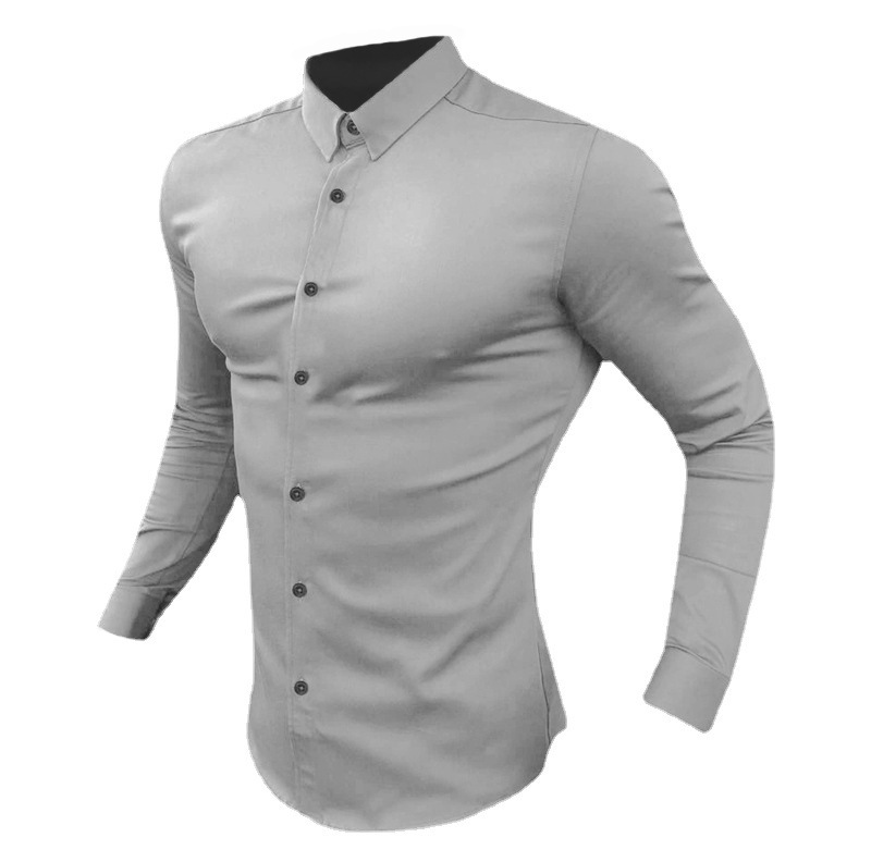 Músculo de los hombres de moda de deportes casual Camisa de manga larga de solapa micro elástico Delgado fitness cardigan negocio no planchar camisa