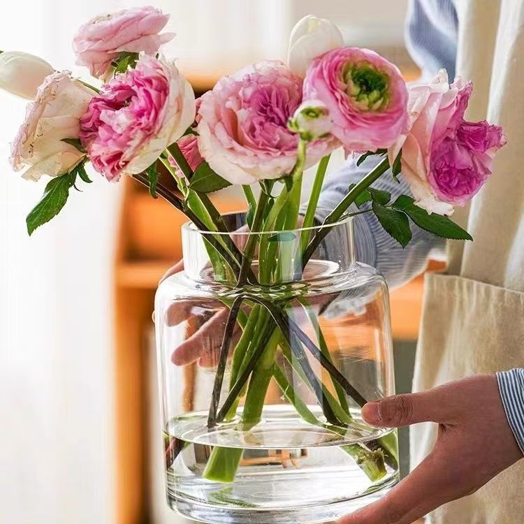 Decoración de vasos de flores para la sala de estar, vidrio ligero de lujo, alta calidad, mesa de comedor retrógrada transparente, rosa hidropónica baja, boca ancha