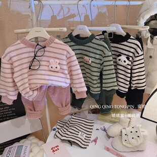 Children's Autumn and Winter New Warm Velvet Suit Children's Boys and Girls Baby fleece-lined Pullover Outer Wear Warm Two-piece Set
