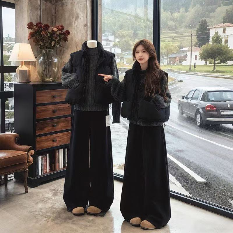 Three-Piece Winter Outfit Korean Style Retro College Style Turtleneck Knitted Sweater for Women + Cotton Vest Jacket + Black Trousers Three-Piece Winter Outfit Korean Style Retro College Style Turtleneck Knitted Sweater for Women + Cotton Vest Jacket + Black Trousers
