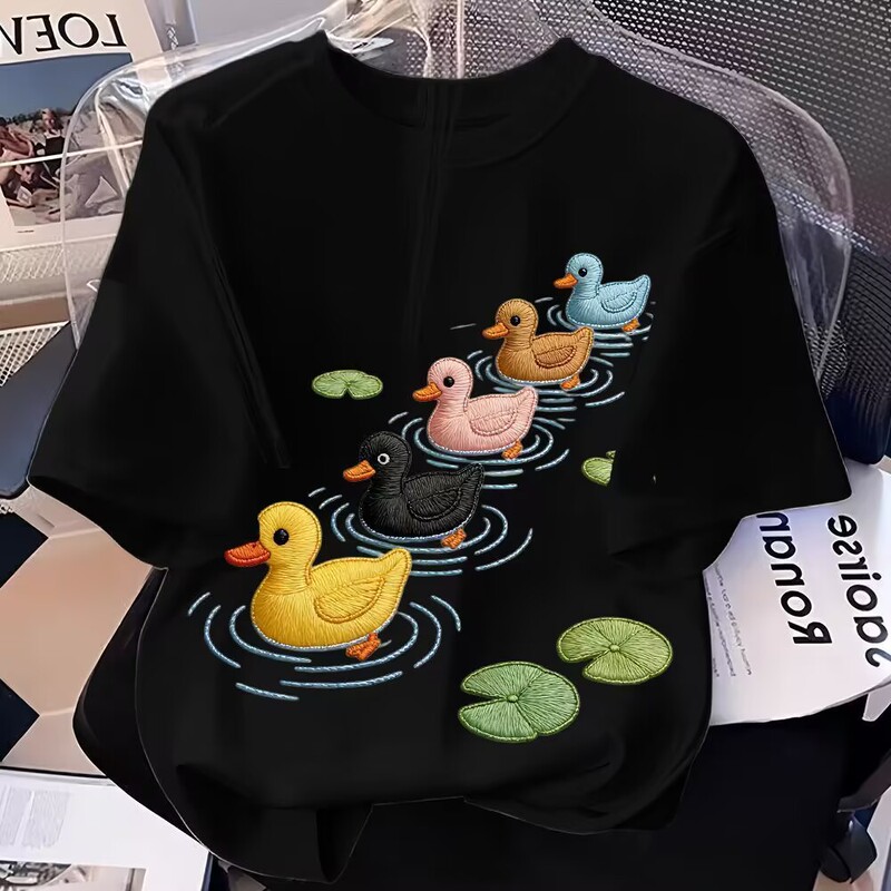 2026 White Short-Sleeved T-Shirt for Women, New Summer Style Cartoon Duck Imitation Embroidery Print Loose and Versatile Top Trendy 2026 White Short-Sleeved T-Shirt for Women, New Summer Style Cartoon Duck Imitation Embroidery Print Loose and Versatile Top Trendy