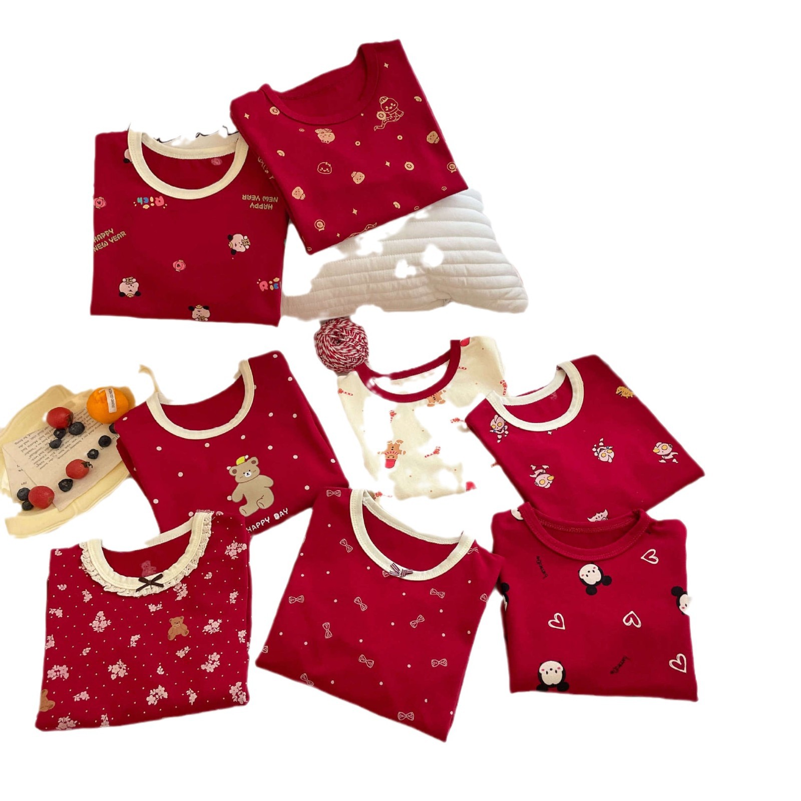 (2개) 5A 항균 설날 어린이 순면 홈 옷 세트 소년 소녀를위한 빨간  의 가을 옷 뼈없는 잠옷