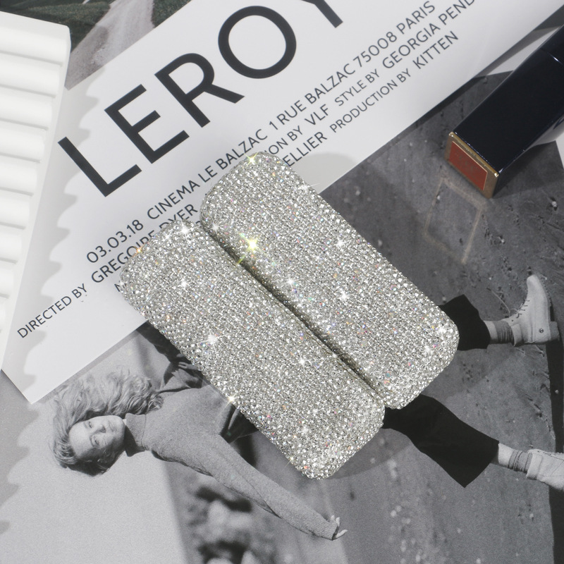 Caja de lápiz labial de metal de moda de diamante completo incrustado con diamante con espejo caja de lápiz labial de aleación caja de joyería de viaje portátil regalo