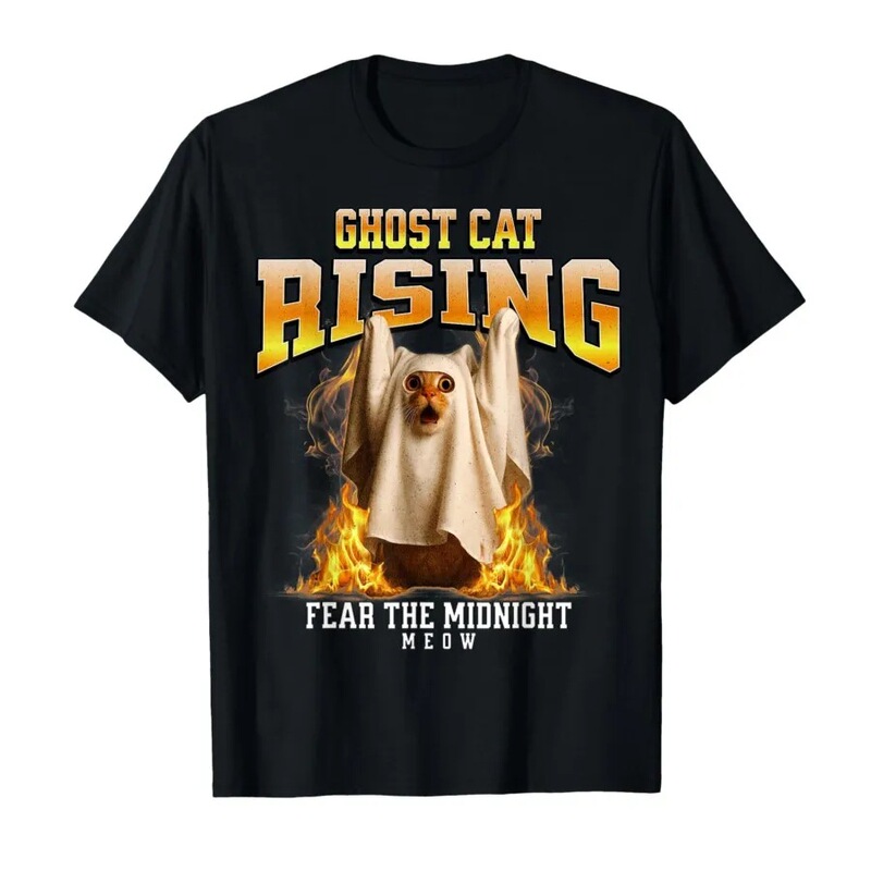 Ghost Cat Rising Funny Meme Bootleg Halloween Kitten T-Shirt, Men'S, Women's Short Sleeve T-Shirt 0915-1