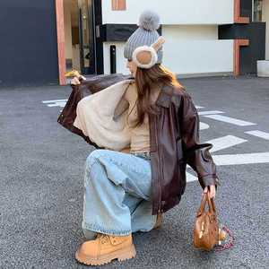 炸街复古加绒pu皮衣派克服女冬季工装流行皮毛一体爆款小个子美式
