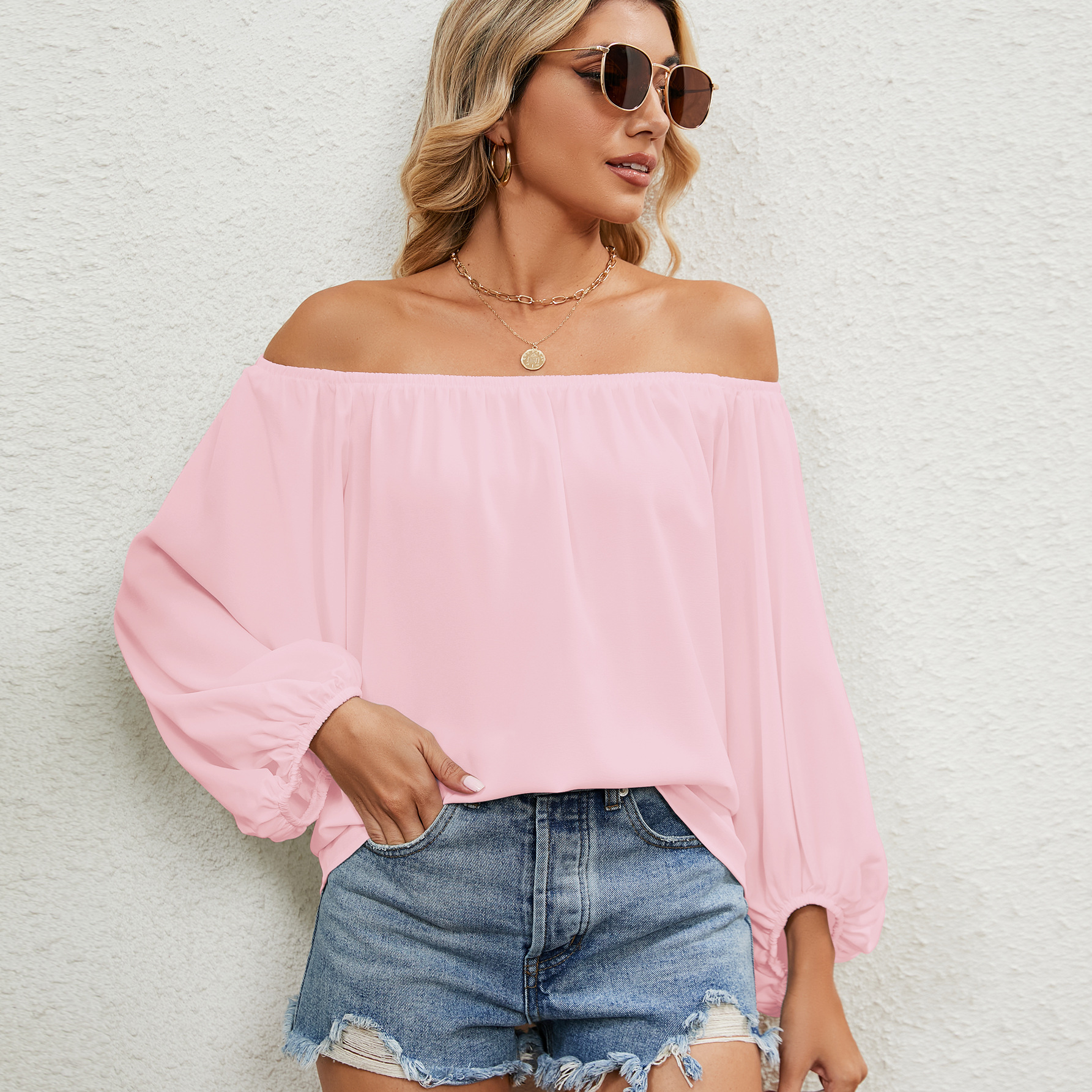 Women's T-shirt Solid Colour Chiffon Top With Line Collar_voghion.com