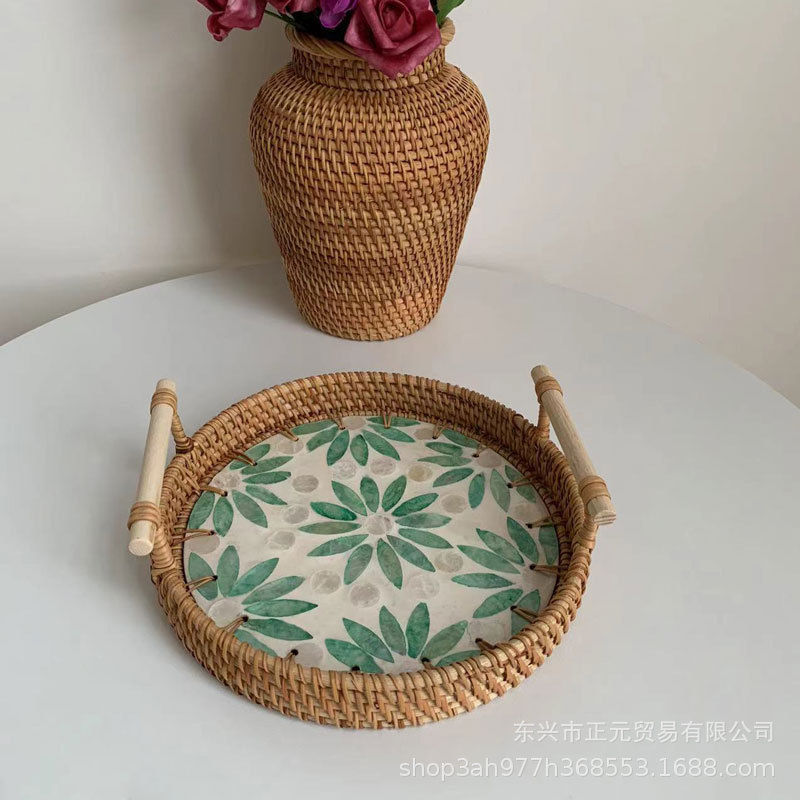 Vietnam ratán tejido Shell bandeja color Shell tejido merienda cesta de almacenamiento merienda bandeja fruta pan té bandeja