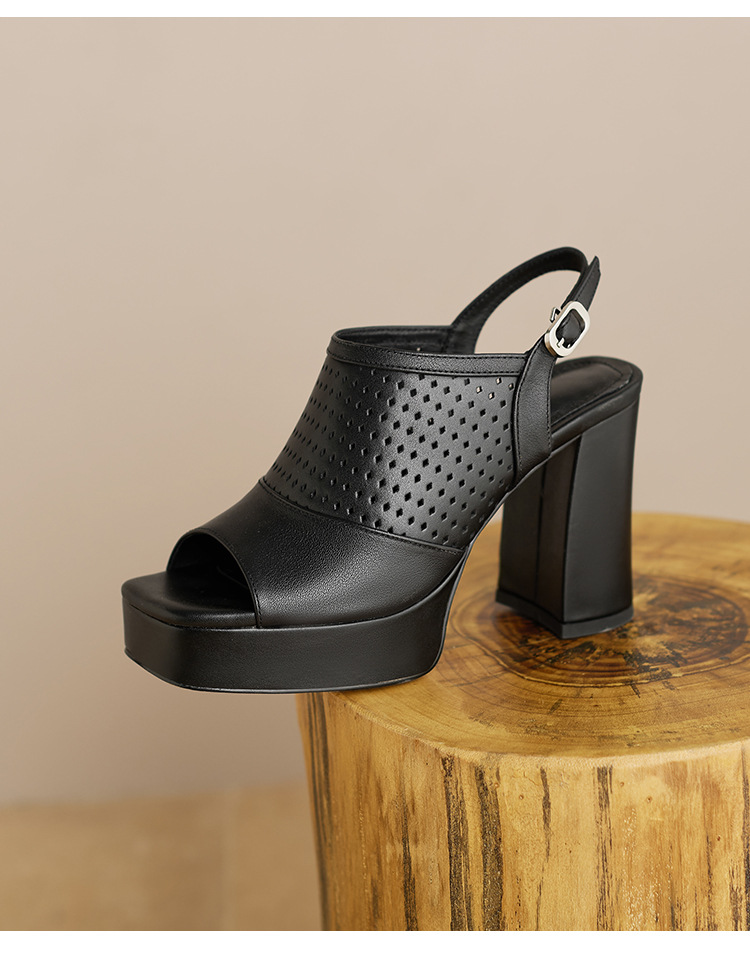 Sandal cao gót nữ hở mũi đế platform gót vuông 9 cm, quai ngang khóa, phong cách La Mã — màu đen, màu trắng ngà chi tiết 9